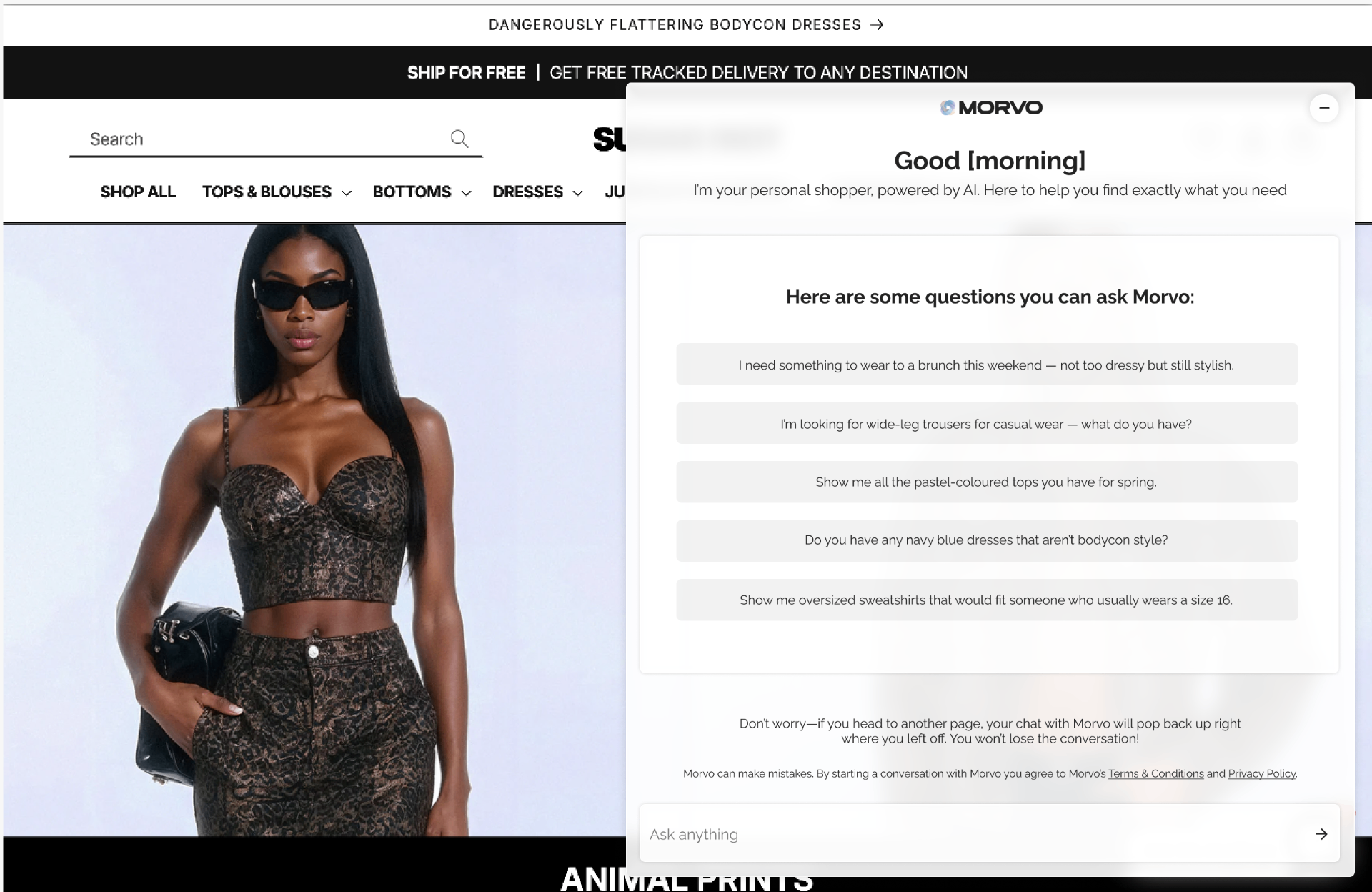 Morvo AI ecommerce widget open state showing product cards and conversation