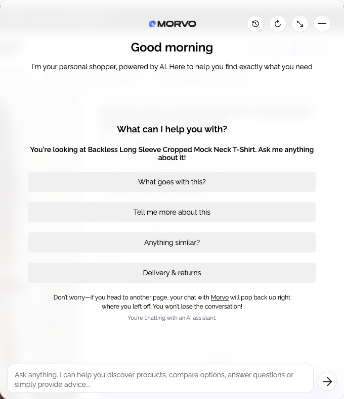 Morvo answering fit, fabric and delivery questions on a product page