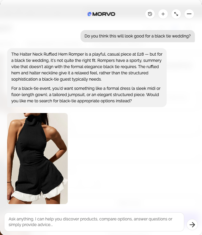 Morvo telling a shopper a romper is not right for a black tie wedding