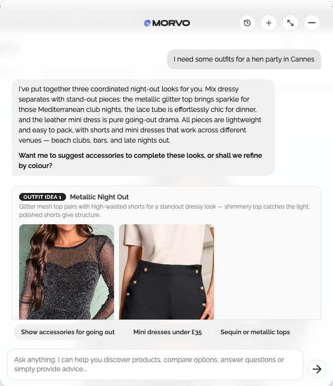 Morvo AI stylist building coordinated outfits on a fashion store