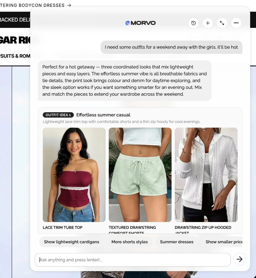 The Morvo AI personal shopper widget helping a shopper on the Sugar Riot website